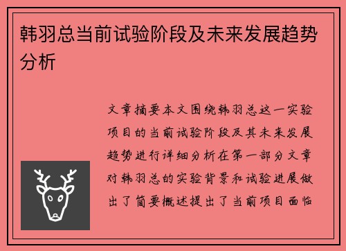 韩羽总当前试验阶段及未来发展趋势分析